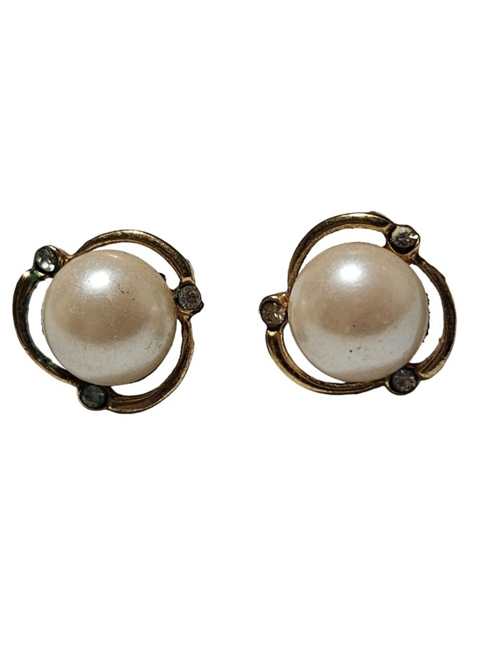 Vintage Faux Pearl Rhinestone Earrings Open Circle Orbit Romantic Coquette Retro
